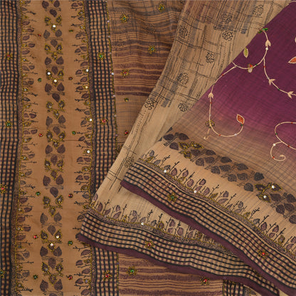 Sanskriti Vintage Brown/Purple Sarees Pure Crepe Silk Hand Beaded Sari Sustainable Fabric