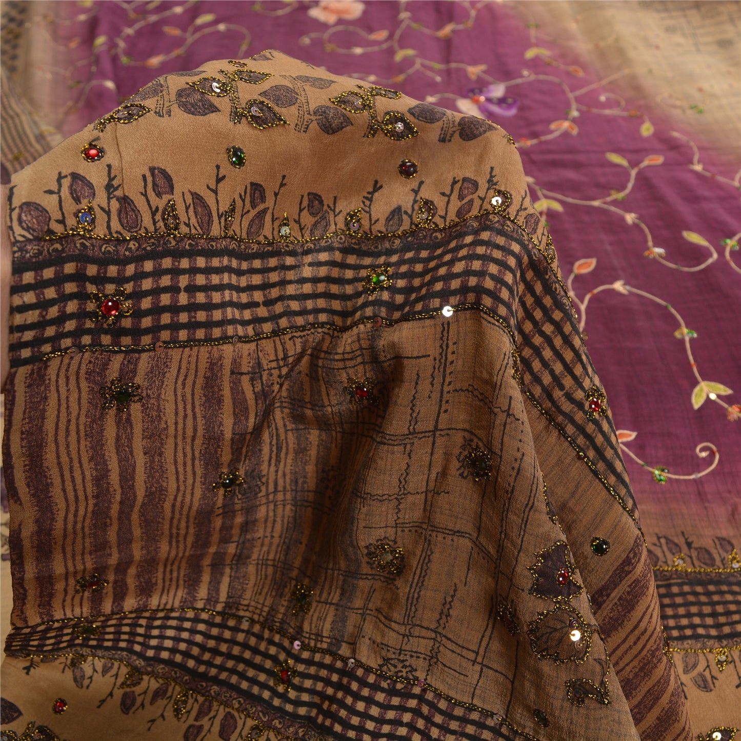 Sanskriti Vintage Brown/Purple Sarees Pure Crepe Silk Hand Beaded Sari Sustainable Fabric