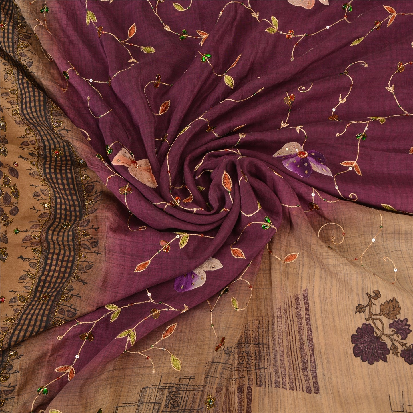 Sanskriti Vintage Brown/Purple Sarees Pure Crepe Silk Hand Beaded Sari Sustainable Fabric