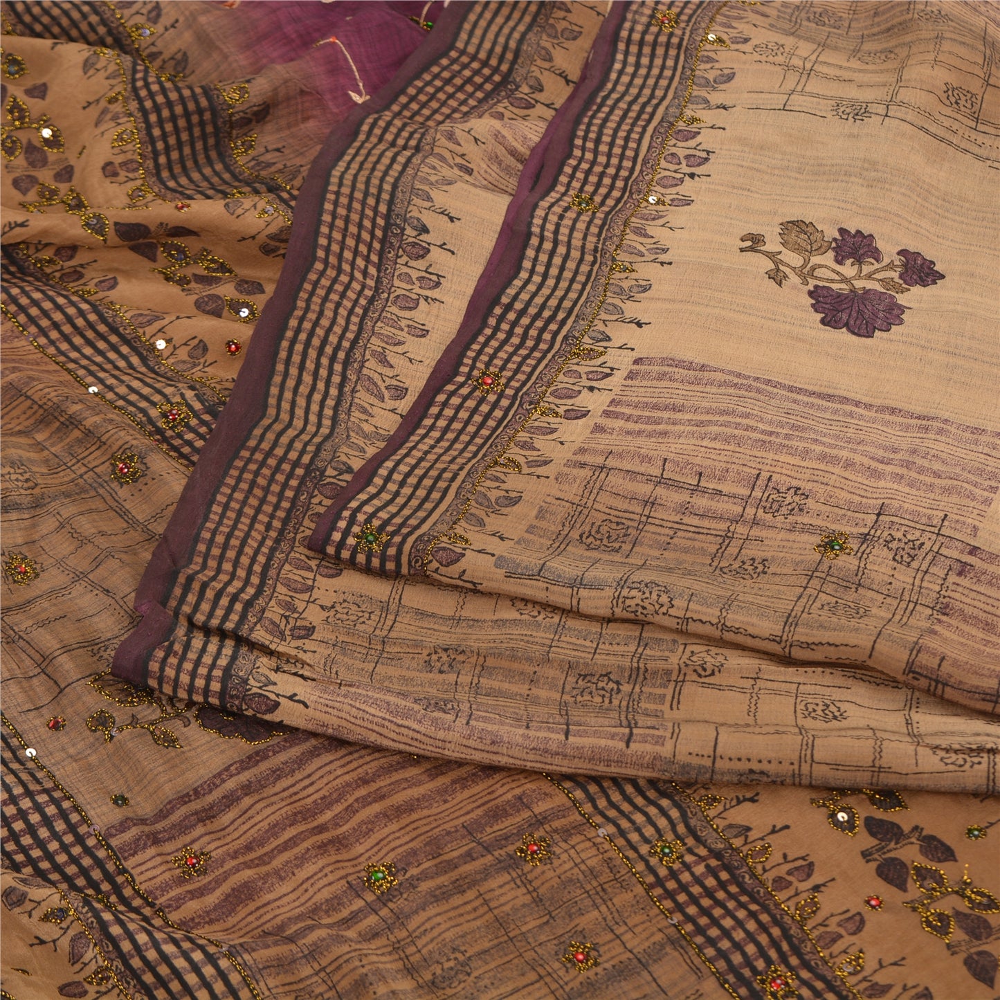 Sanskriti Vintage Brown/Purple Sarees Pure Crepe Silk Hand Beaded Sari Sustainable Fabric