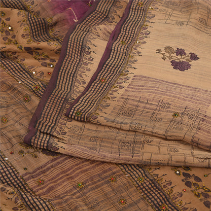 Sanskriti Vintage Brown/Purple Sarees Pure Crepe Silk Hand Beaded Sari Sustainable Fabric