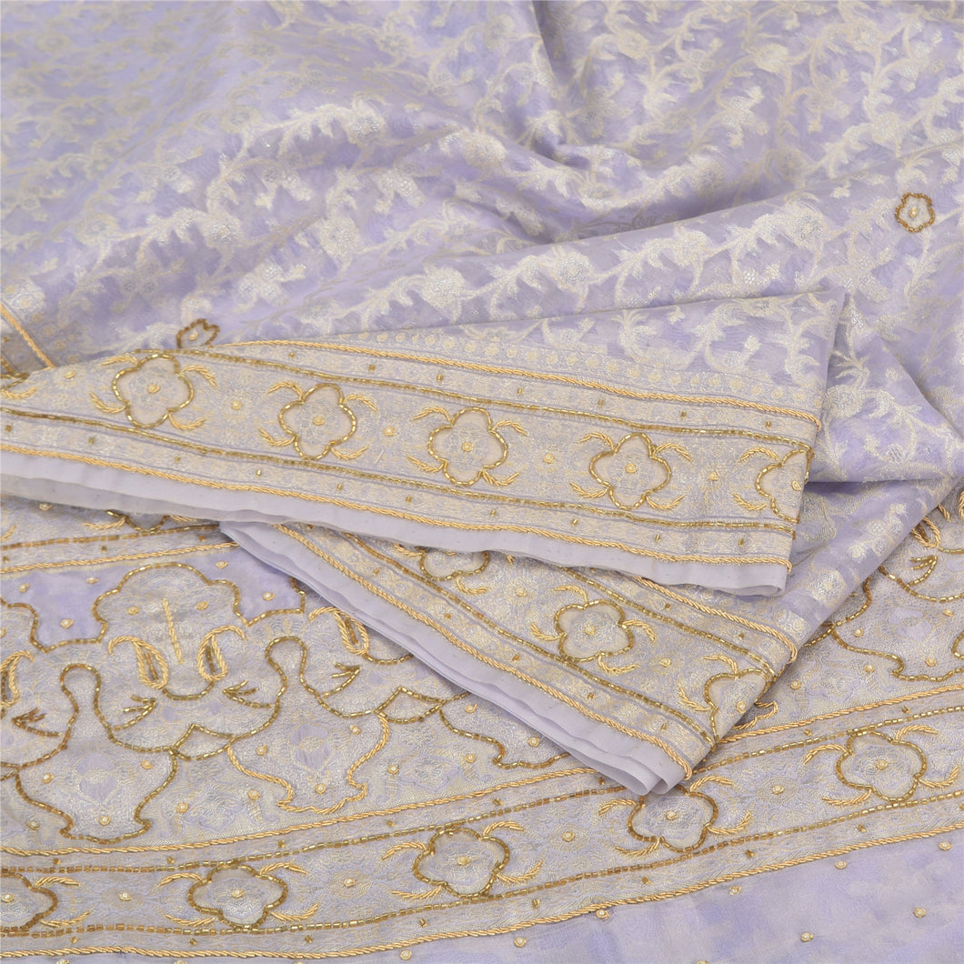 Sanskriti Vintage Lavender Indian Sarees Organza Hand Beaded Woven Sari Fabric