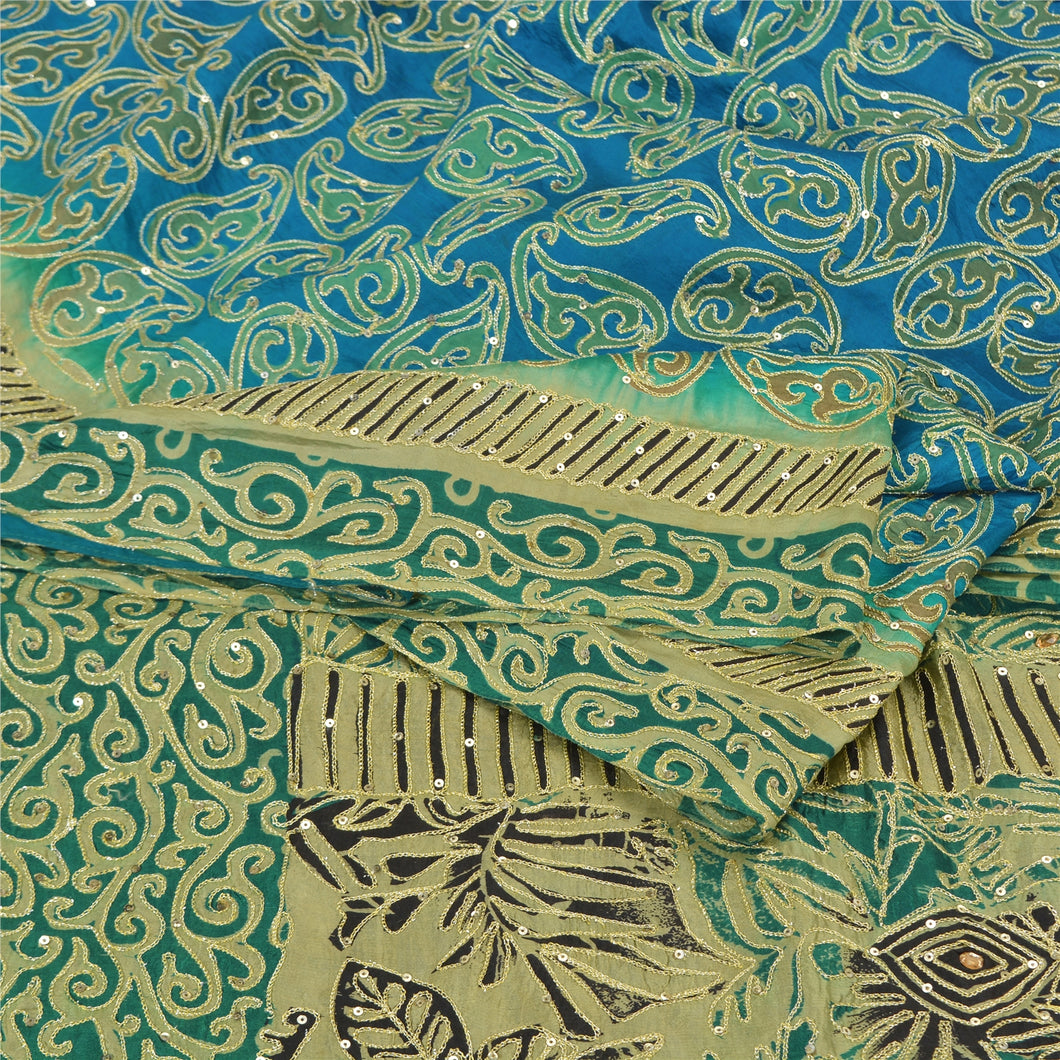 Sanskriti Vintage Blue/Green Sarees Pure Silk Hand Beaded Premium Sari Fabric