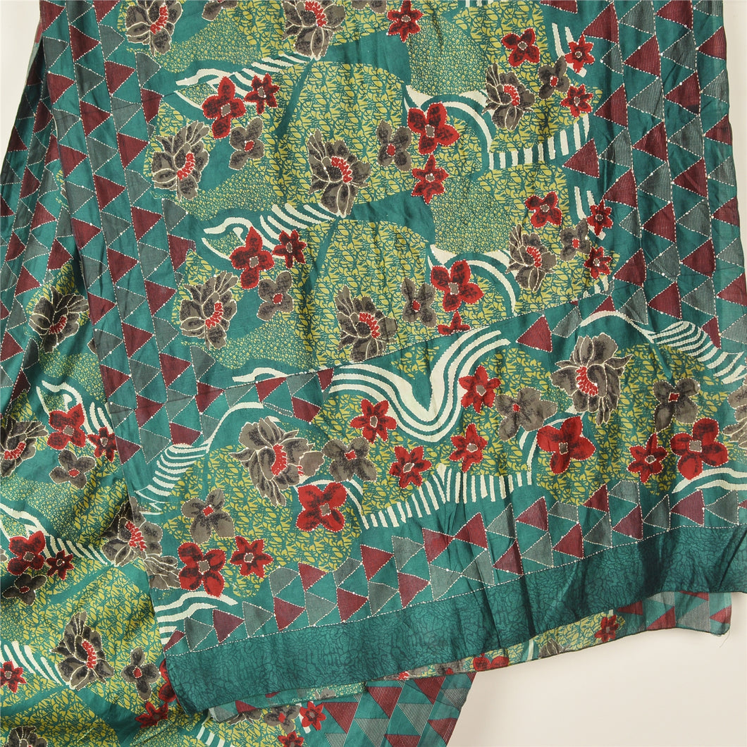 Sanskriti Vintage Green Indian Sarees Pure Silk Hand Beaded Kantha Sari Fabric
