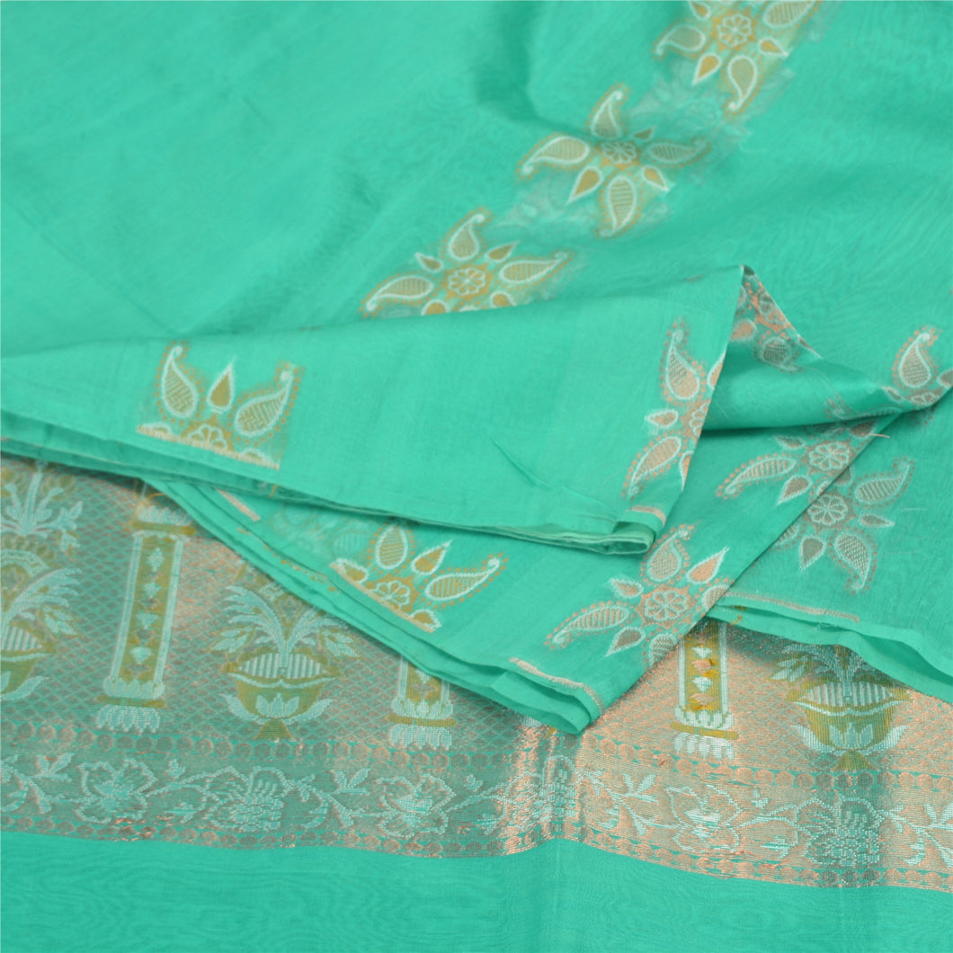 Sanskriti Vintage Turquoise Sarees Pure Silk Woven Brocade/Banarasi Sari Fabric