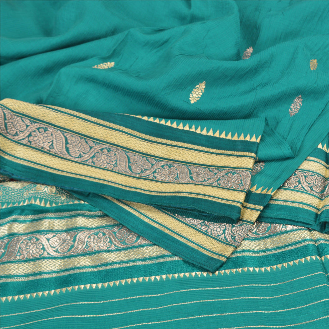 Sanskriti Vintage Green Sarees Cotton Silk Woven Brocade Premium Sari Fabric