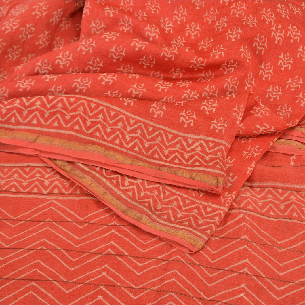 Sanskriti Vintage Red Indian Sarees Cotton Silk Hand-Block Printed Sari Fabric