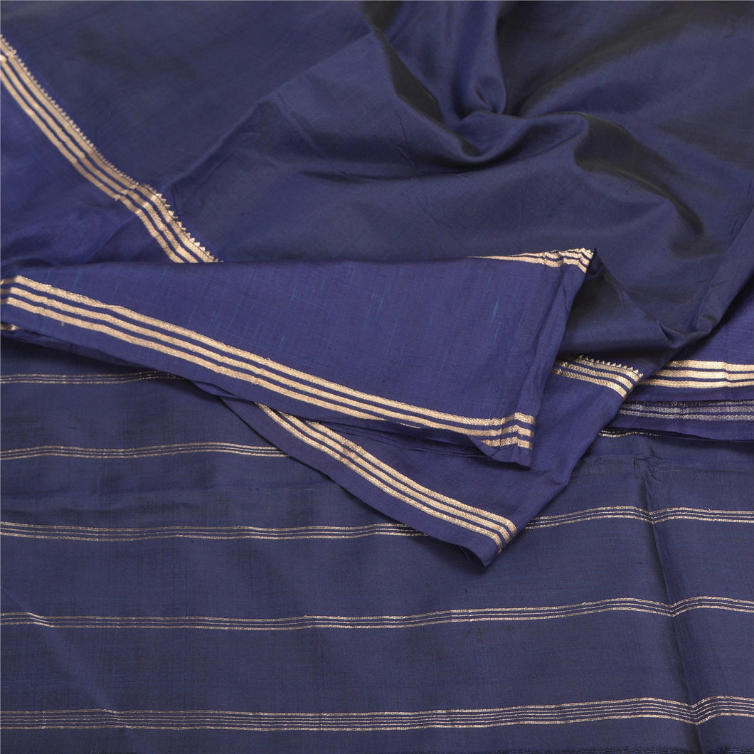 Sanskriti Vintage Navy Blue Indian Sarees Pure Silk Woven Zari Sari 5 YD Fabric
