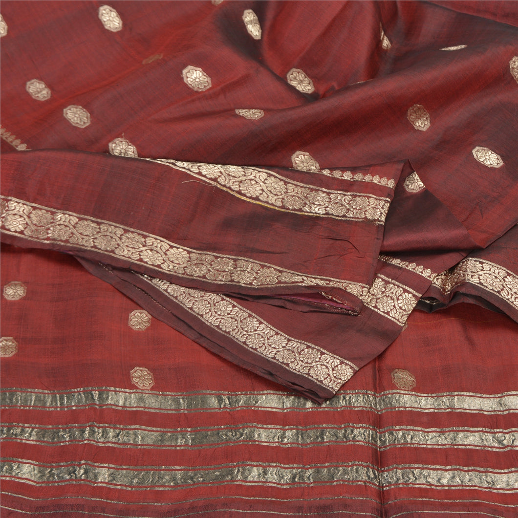 Sanskriti Vintage Dark Red Sarees Pure Silk Woven Brocade/Banarasi Sari Fabric
