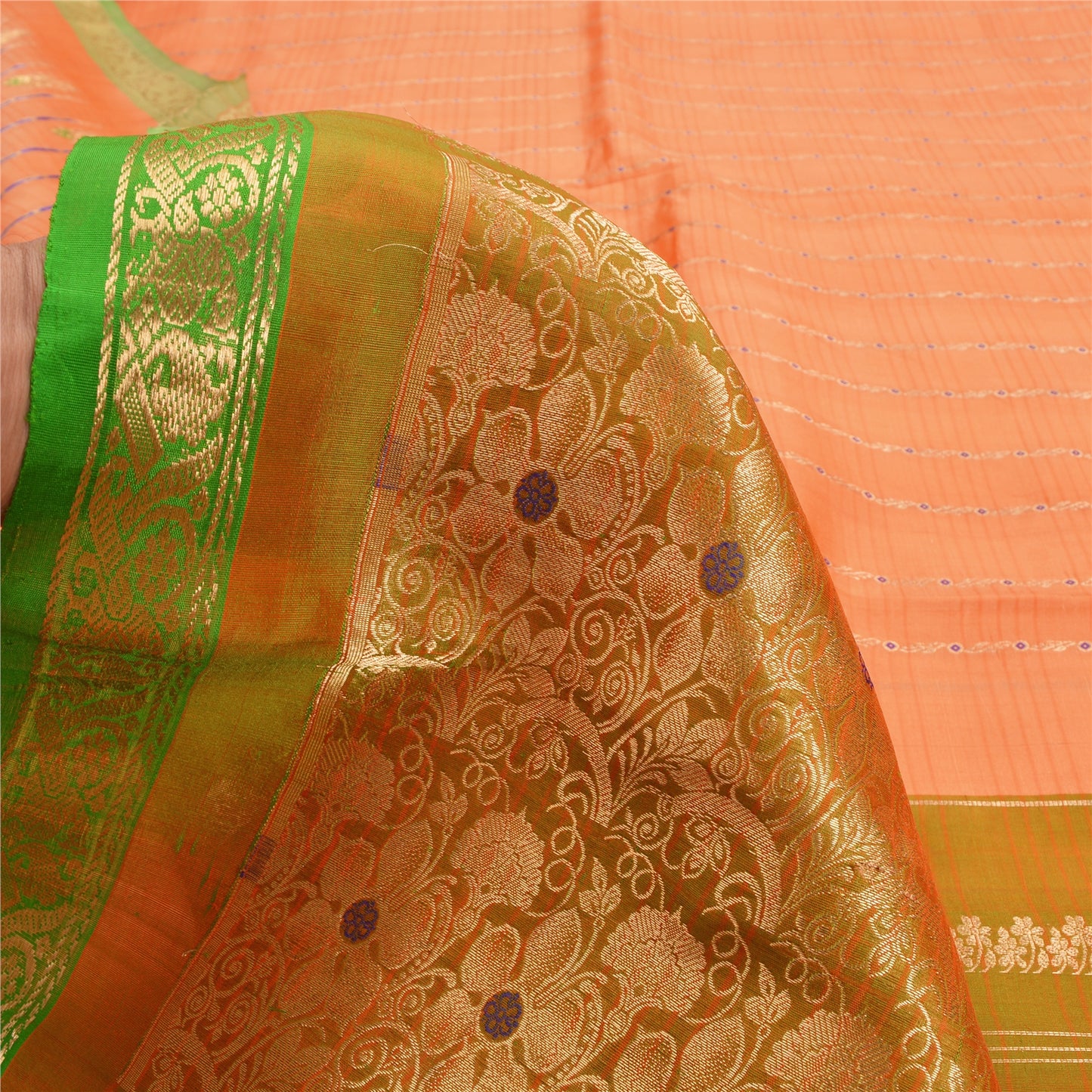 Sanskriti Vintage Orange/Green Sarees Pure Silk Woven Brocade Sari Sustainable Fabric