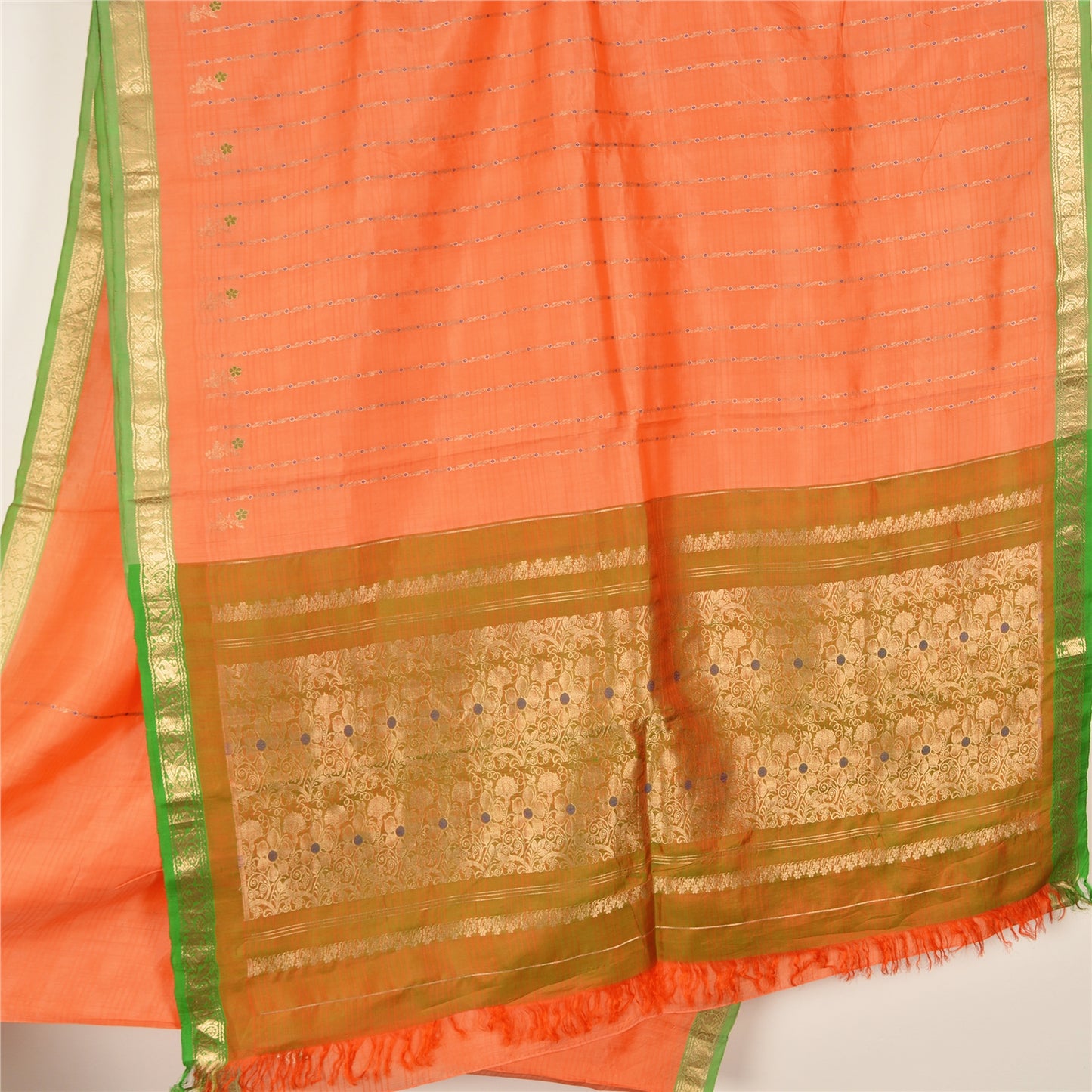 Sanskriti Vintage Orange/Green Sarees Pure Silk Woven Brocade Sari Sustainable Fabric