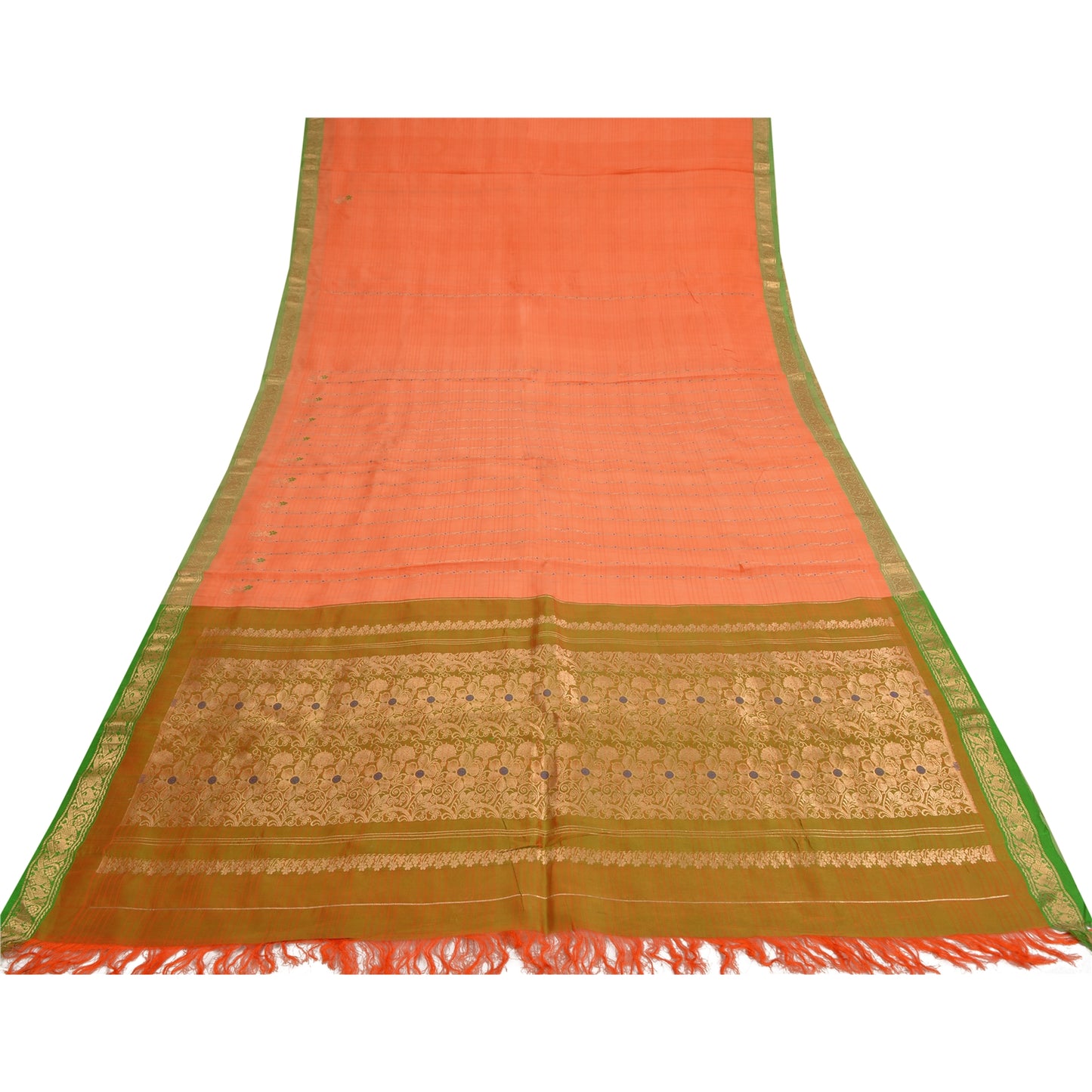 Sanskriti Vintage Orange/Green Sarees Pure Silk Woven Brocade Sari Sustainable Fabric