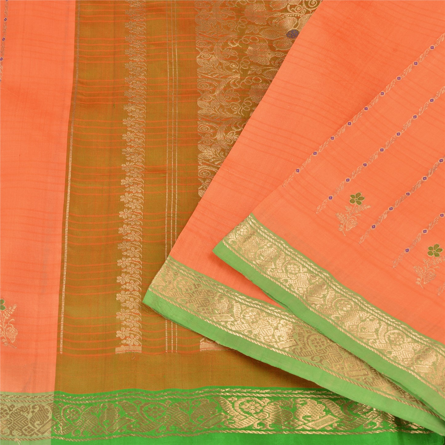 Sanskriti Vintage Orange/Green Sarees Pure Silk Woven Brocade Sari Sustainable Fabric