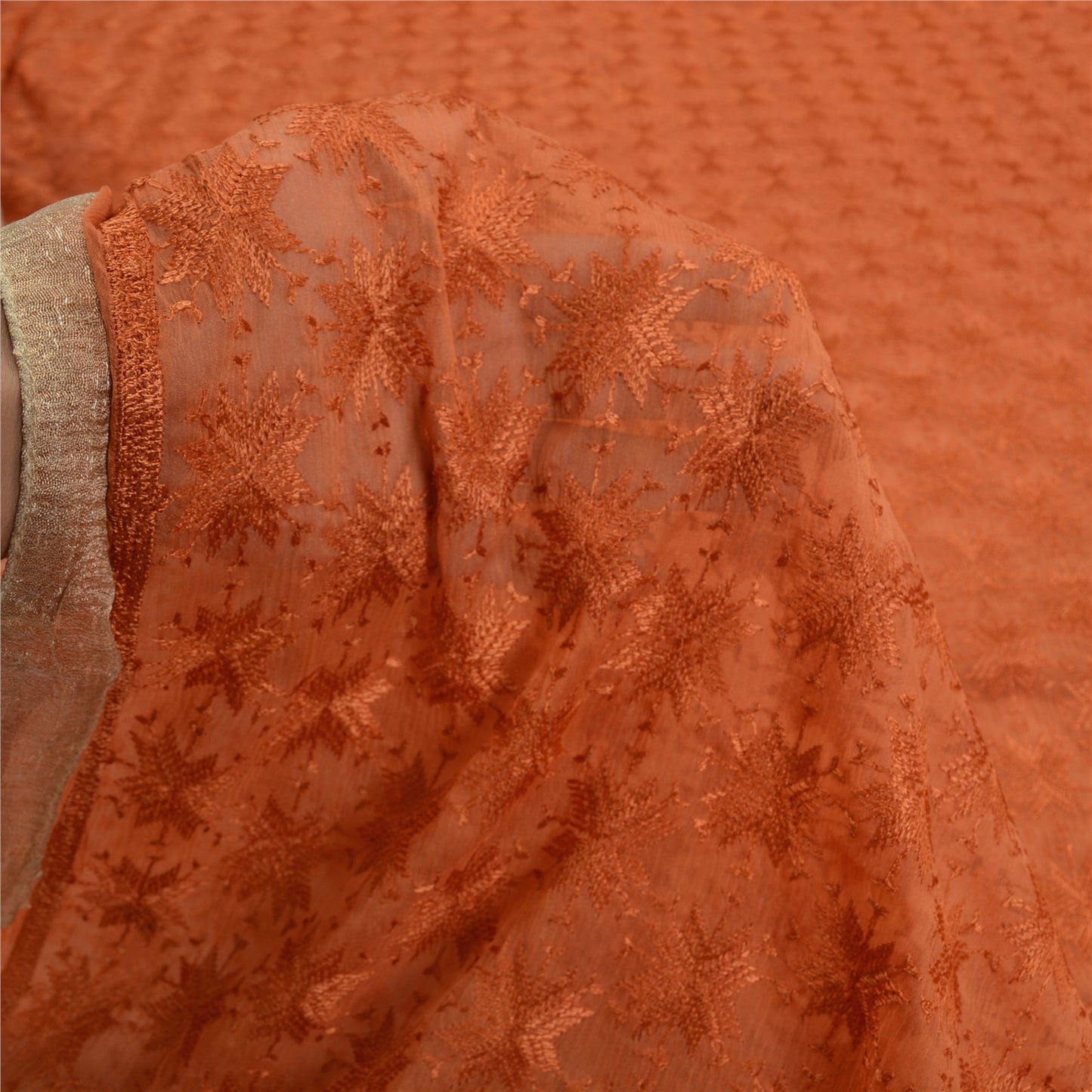 Sanskriti Vintage Orange Sarees Chiffon Embroidered Bagh Phulkari Sari Sustainable Fabric