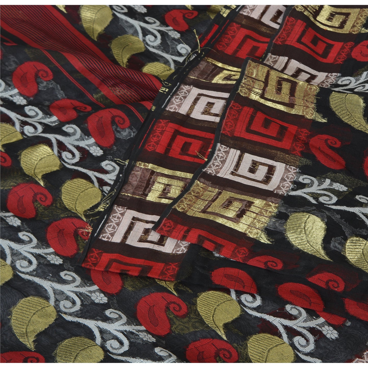 Sanskriti Vintage Black Sarees Pure Silk HandWoven Jamdani Sari 5yd Craft Sustainable Fabric