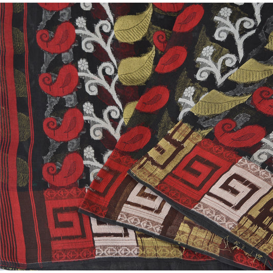 Sanskriti Vintage Black Sarees Pure Silk HandWoven Jamdani Sari 5yd Craft Sustainable Fabric