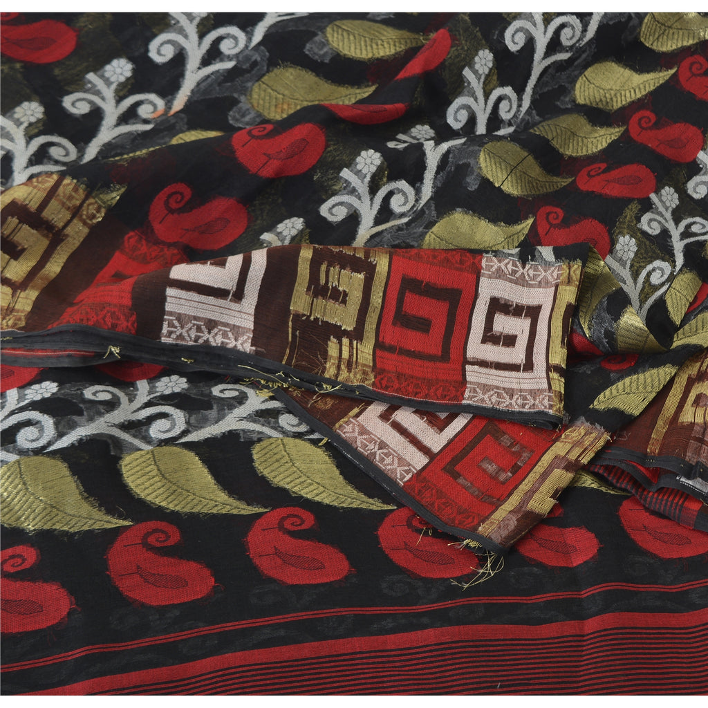 Sanskriti Vintage Black Sarees Pure Silk HandWoven Jamdani Sari 5yd Craft Sustainable Fabric