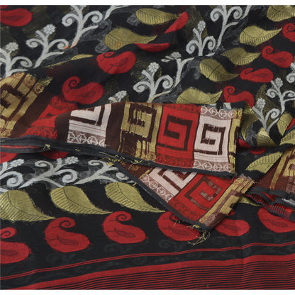 Sanskriti Vintage Black Sarees Pure Silk HandWoven Jamdani Sari 5yd Craft Sustainable Fabric