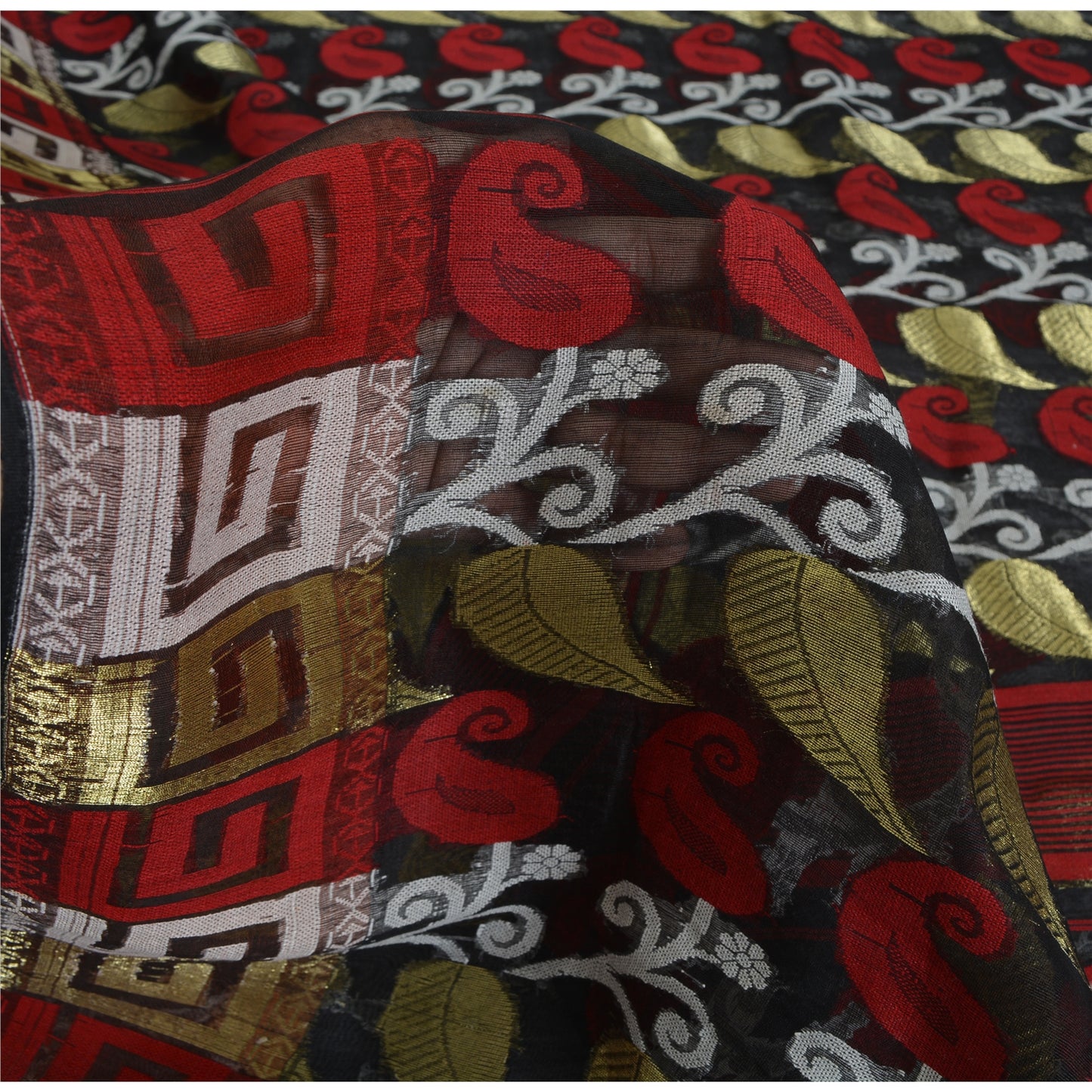 Sanskriti Vintage Black Sarees Pure Silk HandWoven Jamdani Sari 5yd Craft Sustainable Fabric