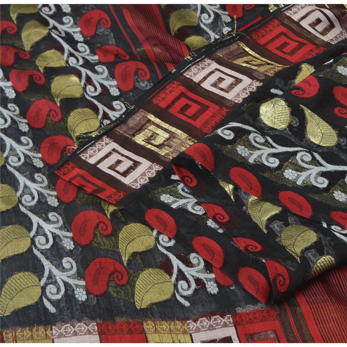 Sanskriti Vintage Black Sarees Pure Silk HandWoven Jamdani Sari 5yd Craft Sustainable Fabric