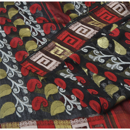 Sanskriti Vintage Black Sarees Pure Silk HandWoven Jamdani Sari 5yd Craft Sustainable Fabric