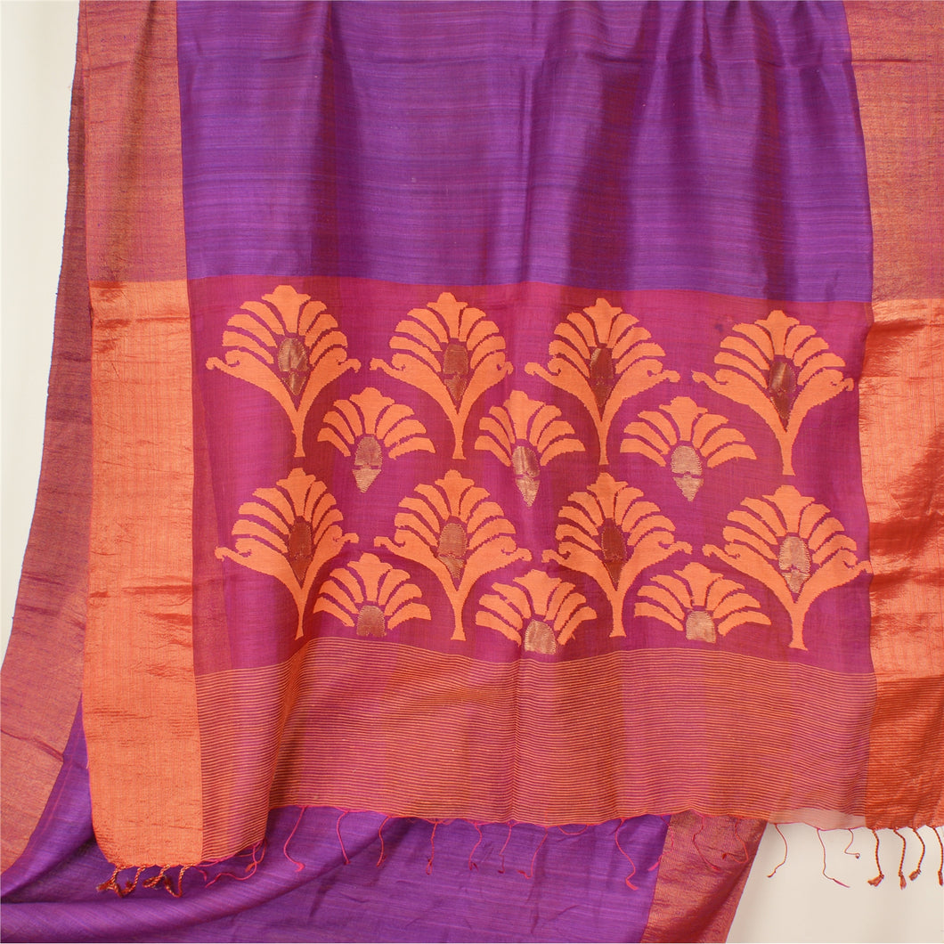 Sanskriti Vintage Purple/Red Sarees Pure Silk Hand-Woven Tant Sari Craft Fabric