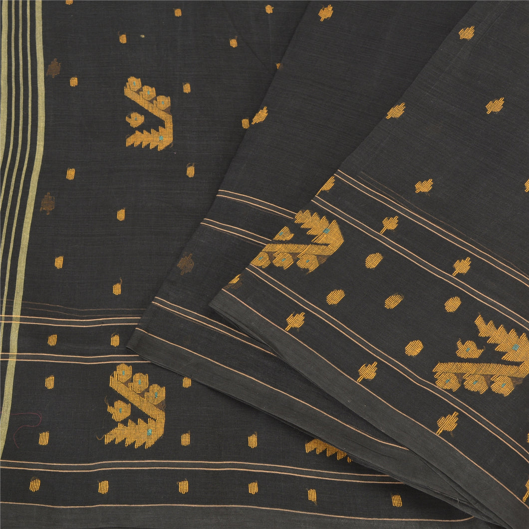 Sanskriti Vintage Black Indian Sarees Pure Cotton Hand-Woven Tant Sari Fabric