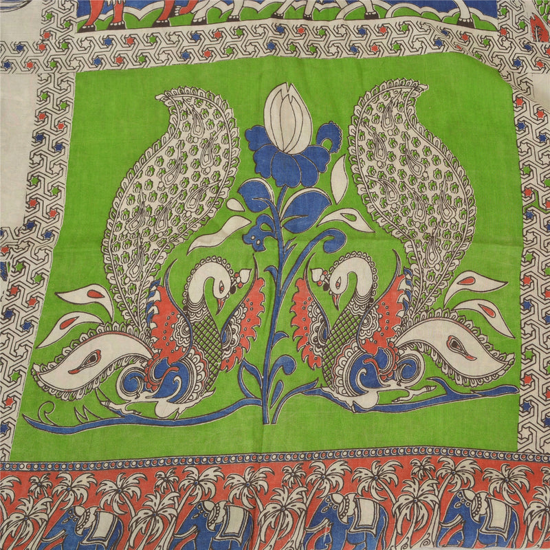 Sanskriti Vintage Sari 100% Pure Cotton Sarees Green Handmade Kalamkari 5yd Craft Fabric Create- Upcycled Sarongs, Scarves, or Stoles