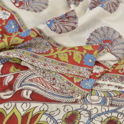 Sanskriti Vintage Sarees Ivory Peacock HandmadeKalamkari Pure Cotton Sari Sustainable Fabric