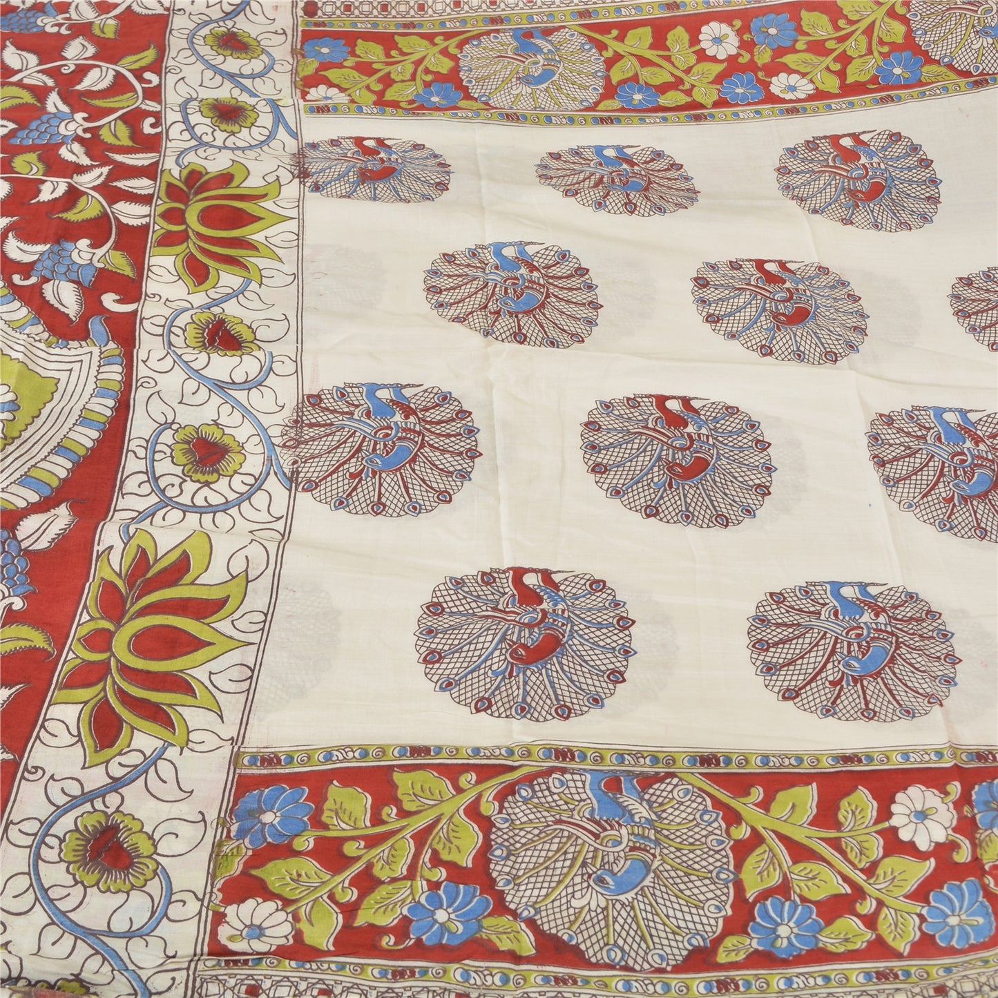Sanskriti Vintage Sarees Ivory Peacock HandmadeKalamkari Pure Cotton Sari Sustainable Fabric