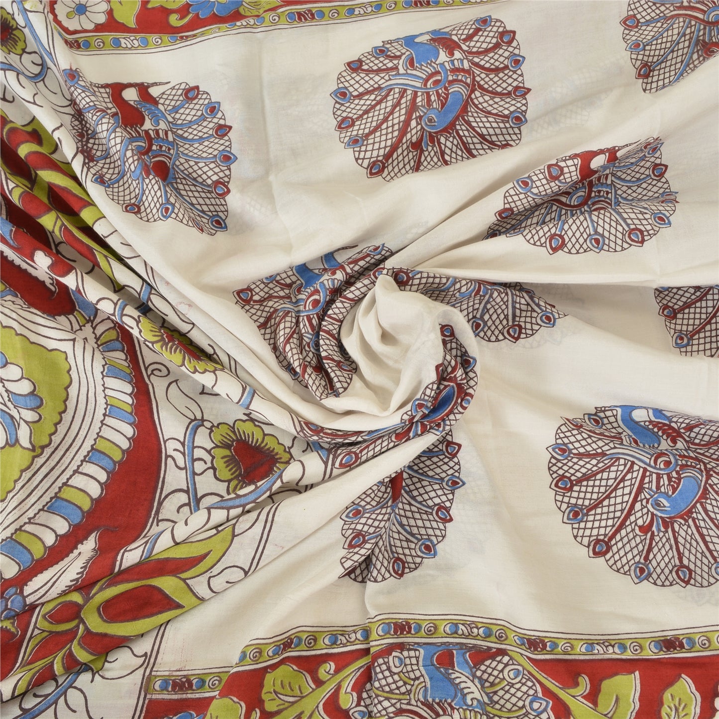 Sanskriti Vintage Sarees Ivory Peacock HandmadeKalamkari Pure Cotton Sari Sustainable Fabric