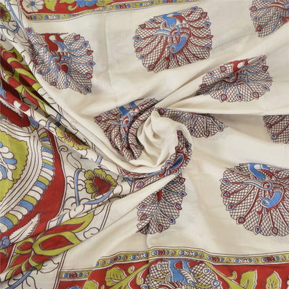 Sanskriti Vintage Sarees Ivory Peacock HandmadeKalamkari Pure Cotton Sari Sustainable Fabric