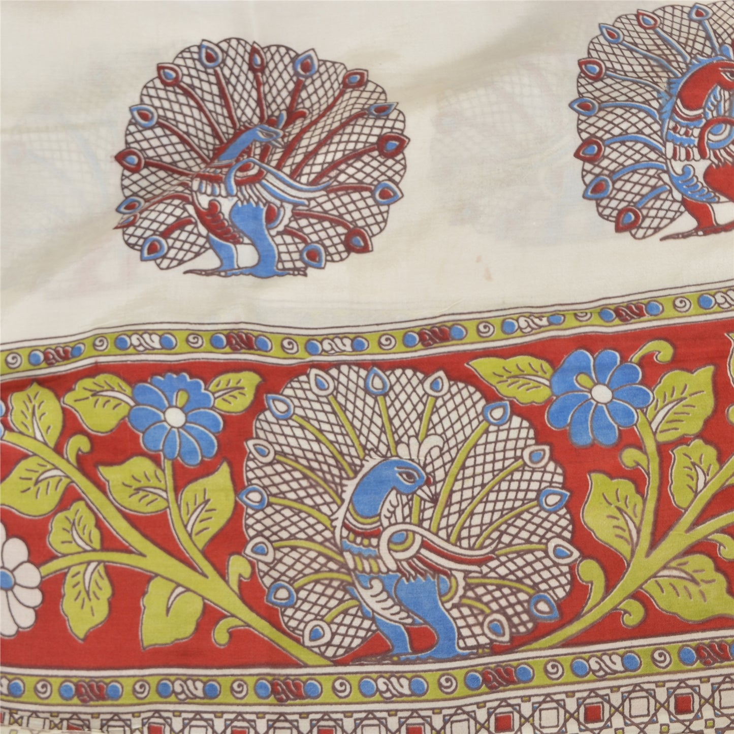 Sanskriti Vintage Sarees Ivory Peacock HandmadeKalamkari Pure Cotton Sari Sustainable Fabric