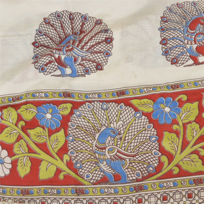 Sanskriti Vintage Sarees Ivory Peacock HandmadeKalamkari Pure Cotton Sari Sustainable Fabric
