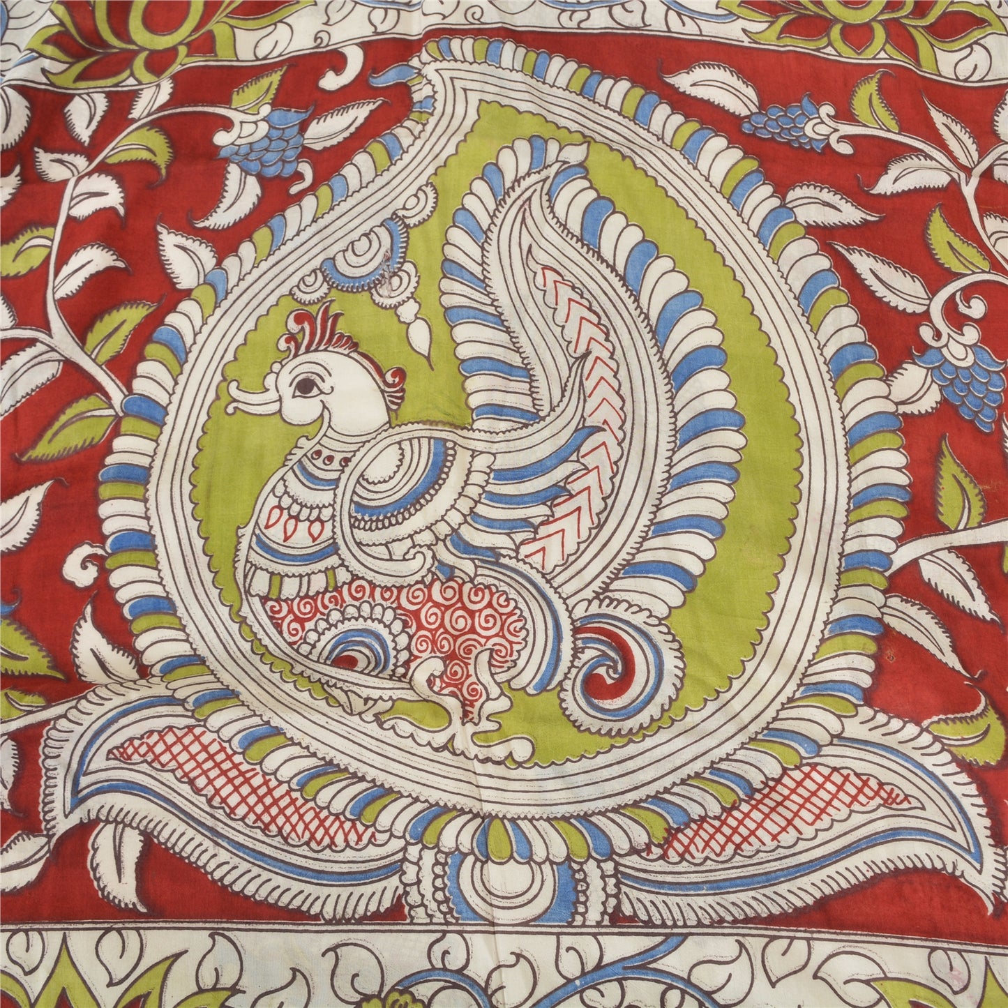 Sanskriti Vintage Sarees Ivory Peacock HandmadeKalamkari Pure Cotton Sari Sustainable Fabric