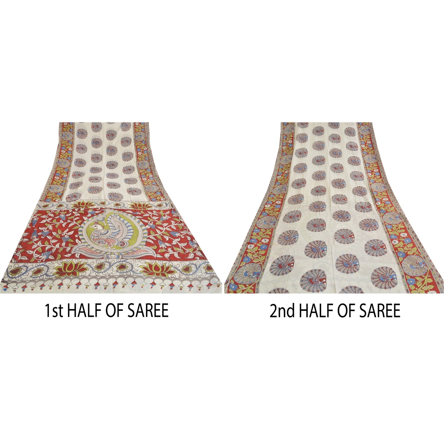 Sanskriti Vintage Sarees Ivory Peacock HandmadeKalamkari Pure Cotton Sari Sustainable Fabric