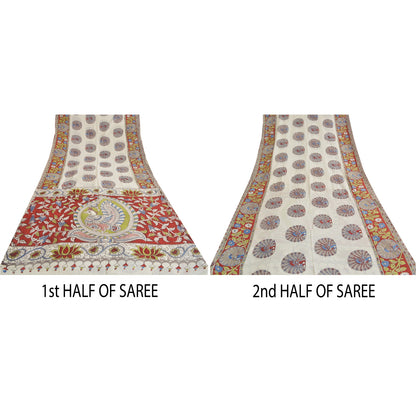 Sanskriti Vintage Sarees Ivory Peacock HandmadeKalamkari Pure Cotton Sari Sustainable Fabric