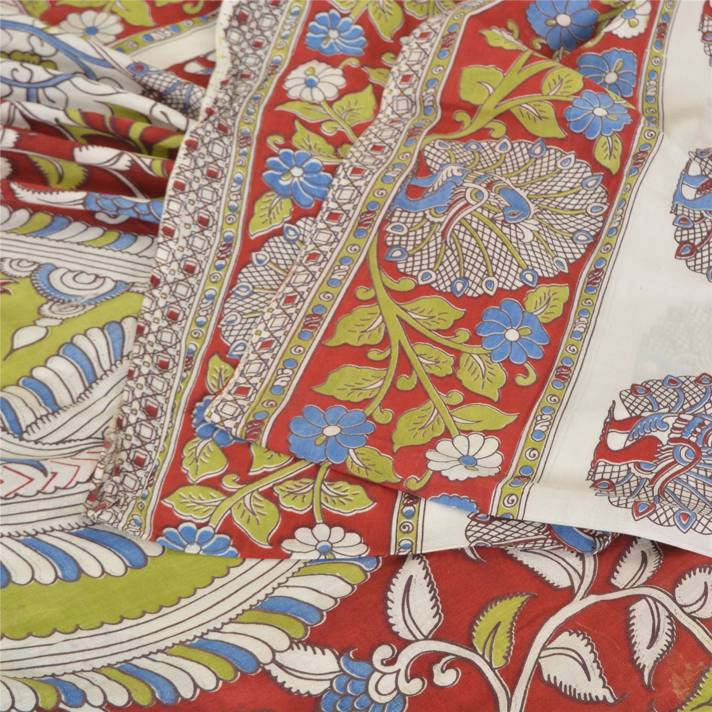 Sanskriti Vintage Sarees Ivory Peacock HandmadeKalamkari Pure Cotton Sari Sustainable Fabric