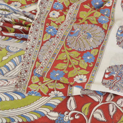 Sanskriti Vintage Sarees Ivory Peacock HandmadeKalamkari Pure Cotton Sari Sustainable Fabric