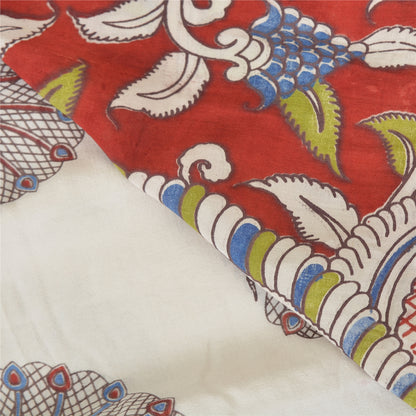 Sanskriti Vintage Sarees Ivory Peacock HandmadeKalamkari Pure Cotton Sari Sustainable Fabric