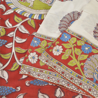 Sanskriti Vintage Sarees Ivory Peacock HandmadeKalamkari Pure Cotton Sari Sustainable Fabric