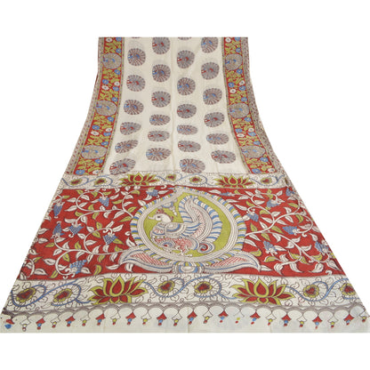Sanskriti Vintage Sarees Ivory Peacock HandmadeKalamkari Pure Cotton Sari Sustainable Fabric