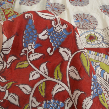 Sanskriti Vintage Sarees Ivory Peacock HandmadeKalamkari Pure Cotton Sari Sustainable Fabric