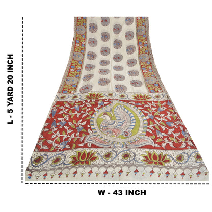 Sanskriti Vintage Sarees Ivory Peacock HandmadeKalamkari Pure Cotton Sari Sustainable Fabric