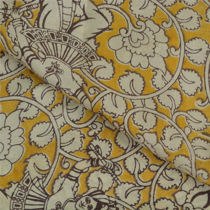 Sanskriti Vintage Sarees Yellow/Ivory HandBlockKalamkari Pure Cotton Sari Sustainable Fabric