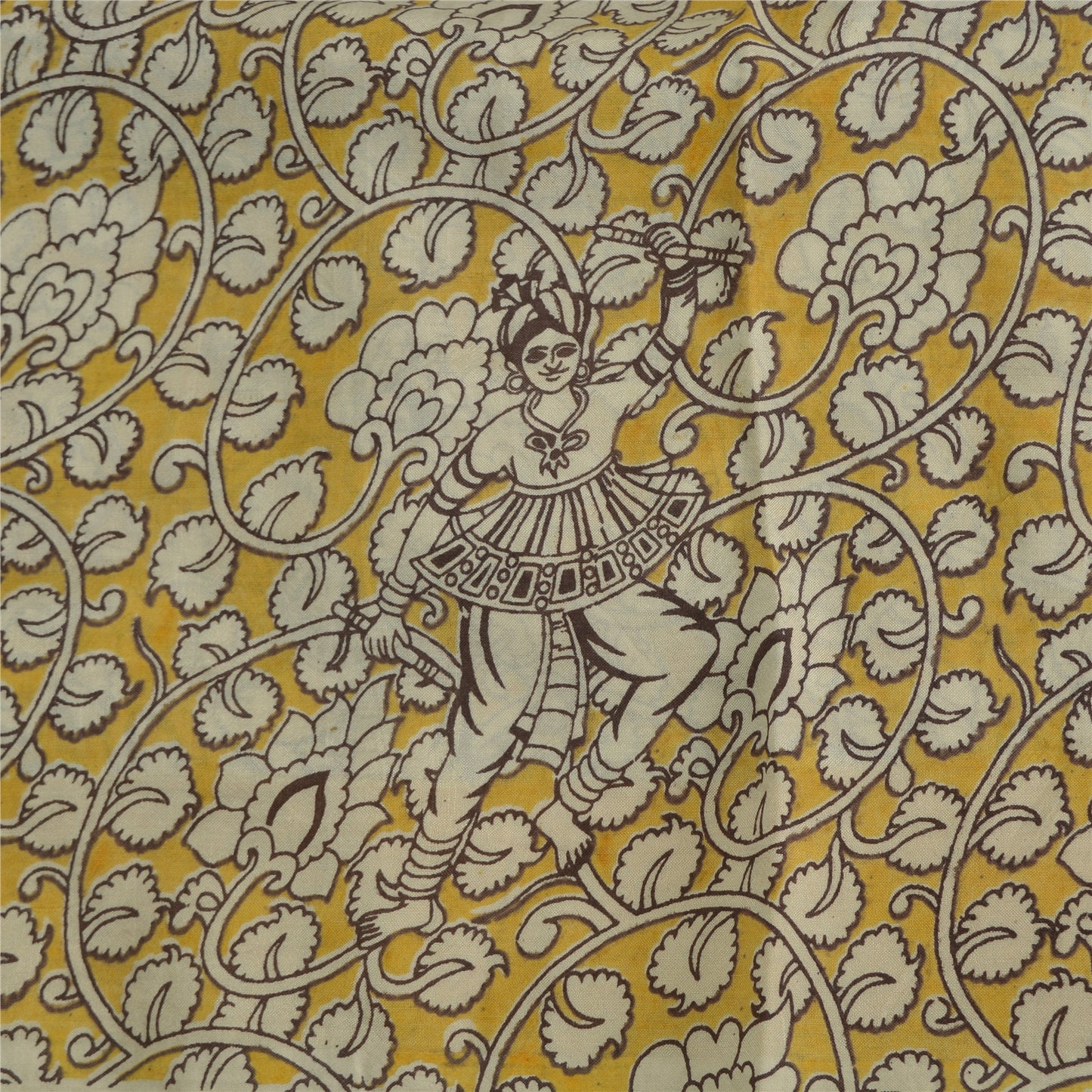 Sanskriti Vintage Sarees Yellow/Ivory HandBlockKalamkari Pure Cotton Sari Sustainable Fabric