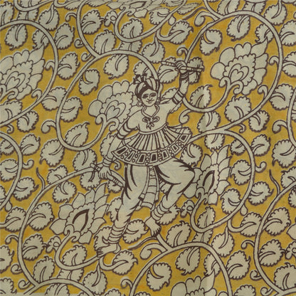 Sanskriti Vintage Sarees Yellow/Ivory HandBlockKalamkari Pure Cotton Sari Sustainable Fabric