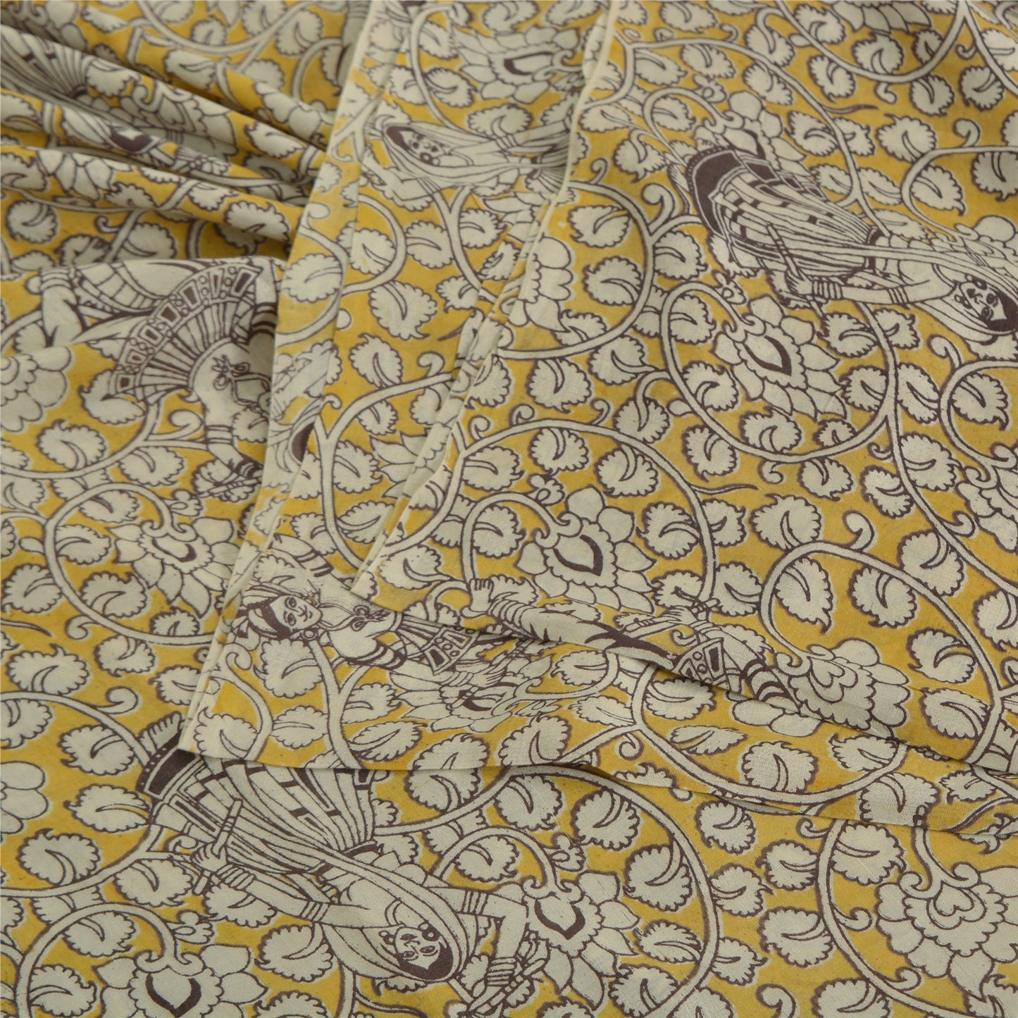Sanskriti Vintage Sarees Yellow/Ivory HandBlockKalamkari Pure Cotton Sari Sustainable Fabric
