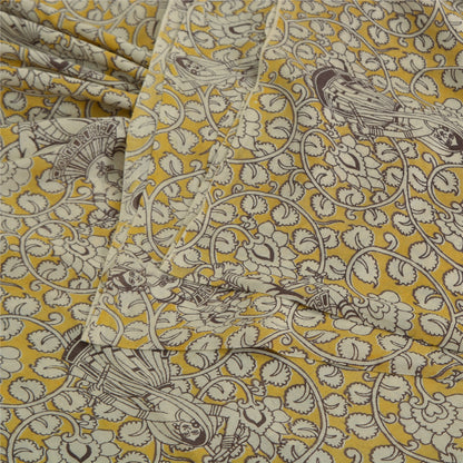 Sanskriti Vintage Sarees Yellow/Ivory HandBlockKalamkari Pure Cotton Sari Sustainable Fabric