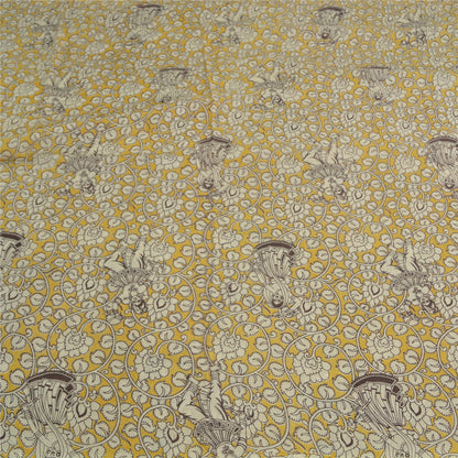 Sanskriti Vintage Sarees Yellow/Ivory HandBlockKalamkari Pure Cotton Sari Sustainable Fabric